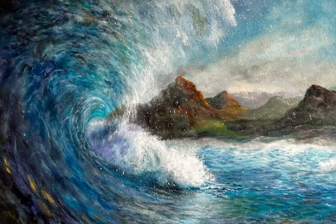 Original Acrylgemälde mit brechender Welle und Gischt am Strand